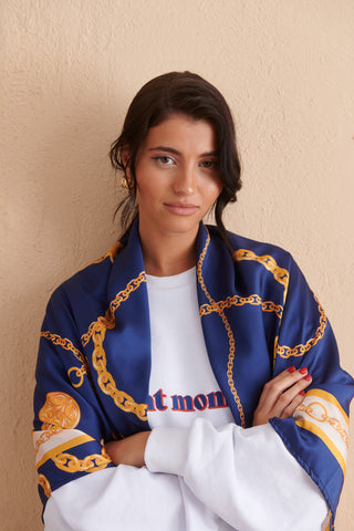 karavan clothing fashion spring summer 24 collection mariloo silk scarf chains blue
