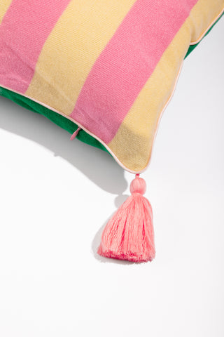 karavan clothing fashion spring summer 24 that moment homeware collection knitted pillow case pink yellow stripes