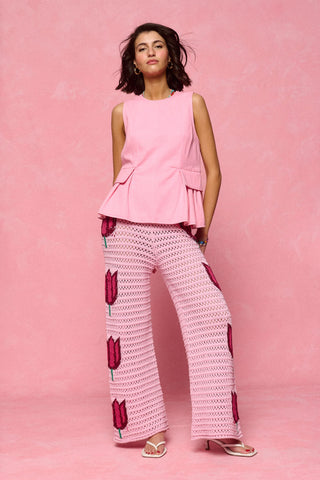 karavan clothing fashion spring summer 26 nai collection amaryllis knitted trousers pink tulips