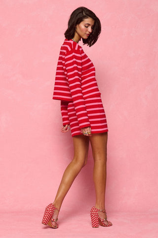 karavan clothing fashion spring summer 26 nai collection clea knitted ardigan red pink stripes