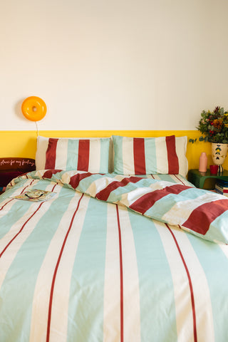 karavan clothing planet homeware collection fall winter 25 26 duvet cover burgundy ivory mint stripes