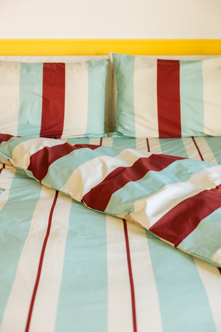 karavan clothing planet homeware collection fall winter 25 26 duvet cover burgundy ivory mint stripes