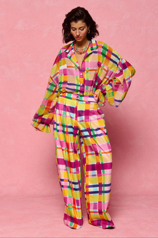 karavan clothing fashion spring summer 26 nai collection evita trousers magenta green yellow checked