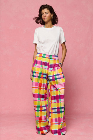 karavan clothing fashion spring summer 26 nai collection evita trousers magenta green yellow checked