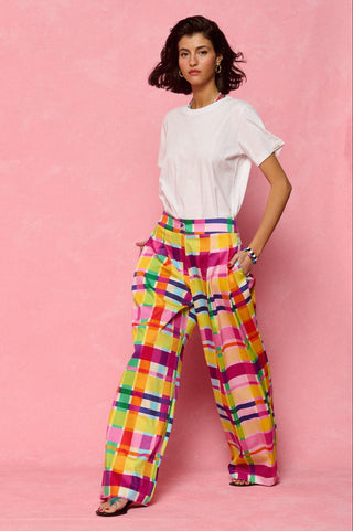 karavan clothing fashion spring summer 26 nai collection evita trousers magenta green yellow checked