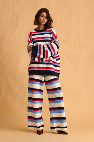 karavan clothing fashion fall winter 25 homecoming krvn collection lumi knitted trousers blue red ivory stripes
