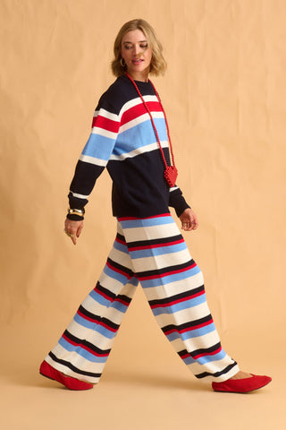 karavan clothing fashion fall winter 25 homecoming krvn collection lumi knitted trousers blue red ivory stripes
