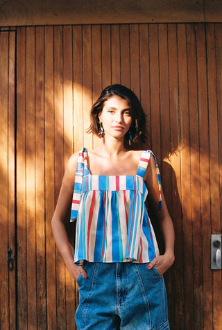 karavan clothing fashion spring summer 25 weekendwear rainbow crop top blue red ivory stripes