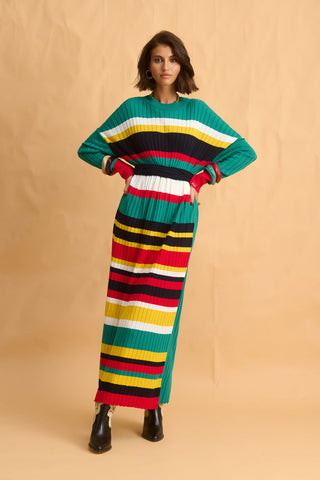 karavan clothing fashion fall winter 25 homecoming collection ariadne knitted dress green yellow black stripes