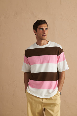 karavan clothing tosa kalokairia spring summer 25 men collection gael knitted tee brown pink stripes