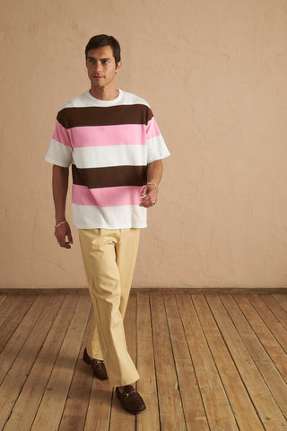 karavan clothing tosa kalokairia spring summer 25 men collection gael knitted tee brown pink stripes