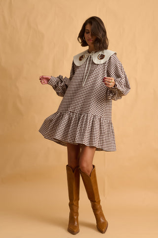 karavan clothing fashion fall winter 25 homecoming collection gillian mini dress brown checked