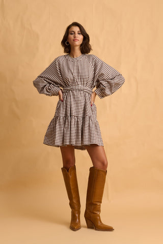 karavan clothing fashion fall winter 25 homecoming collection gillian mini dress brown checked