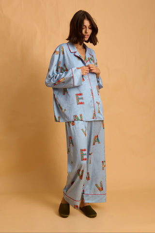 karavan clothing fashion fall winter 25 homecoming homeware collection  light blue letters shirt