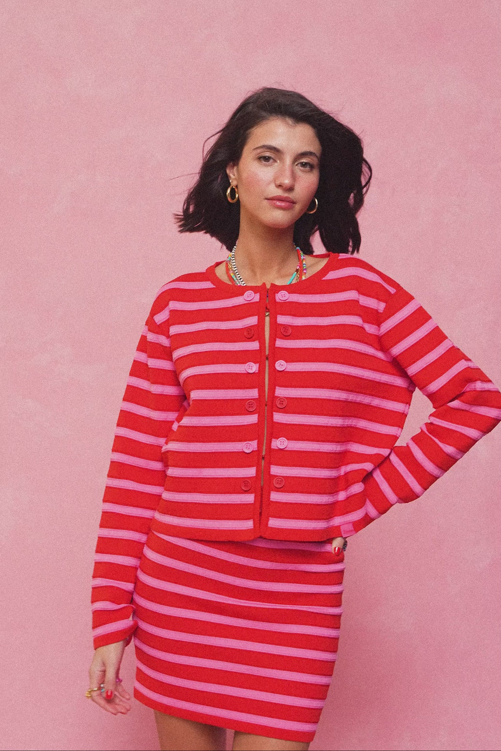 karavan clothing fashion spring summer 26 nai collection clea knitted ardigan red pink stripes