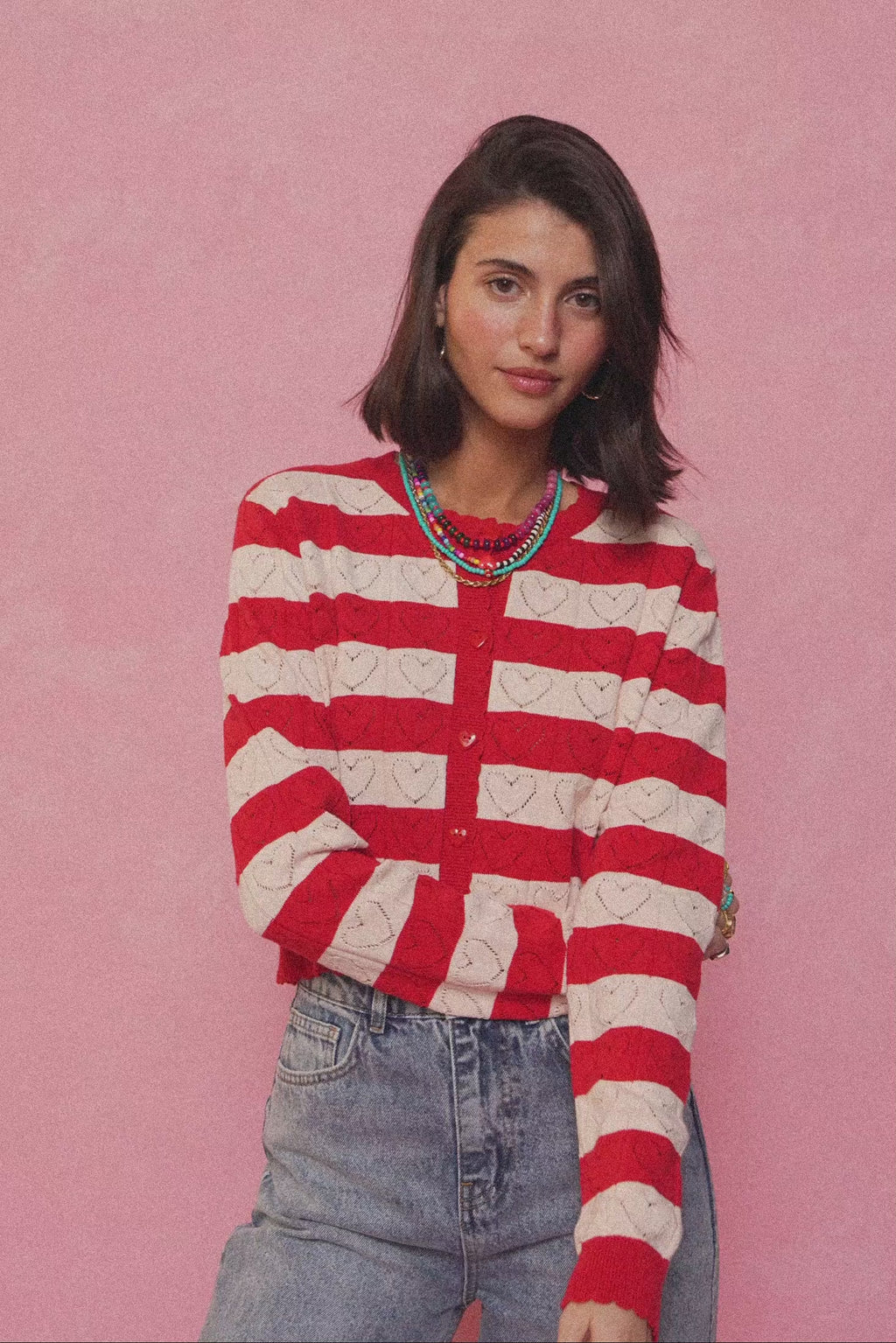 karavan clothing fashion spring summer 26 nai collection kyra knitted cardigan ivory red stripes