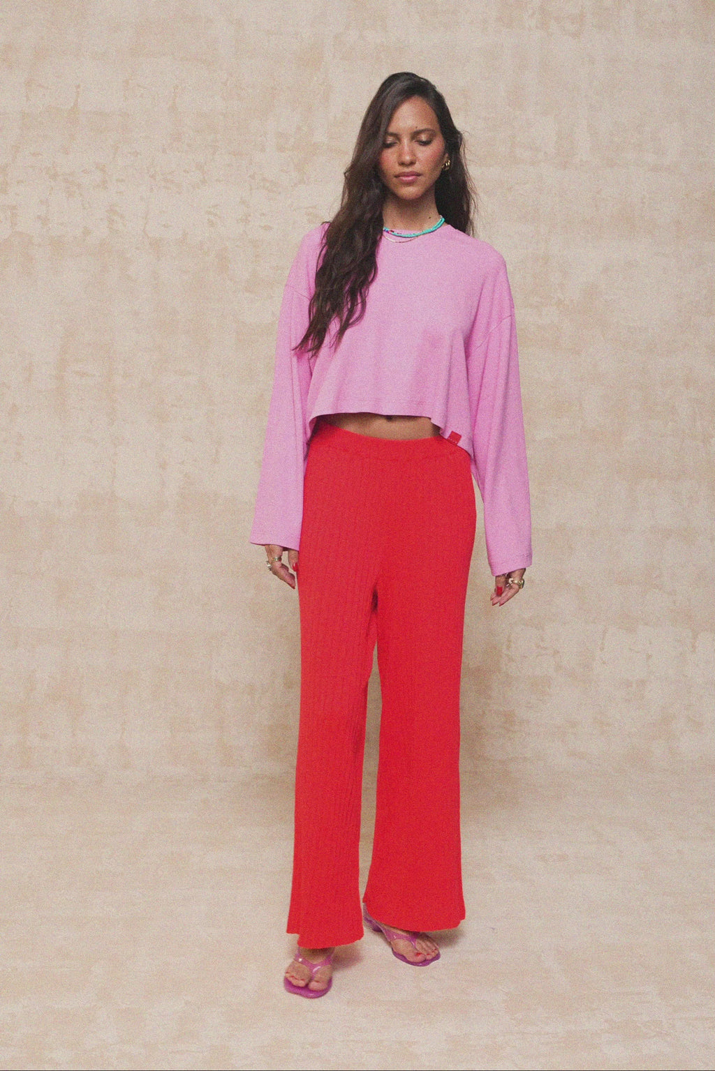karavan clothing fashion spring summer 26 krvn nai collection alejandra knitted trousers red