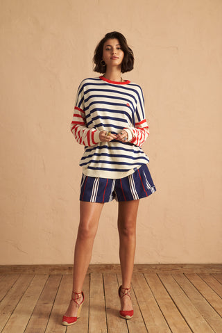 karavan clothing fashion spring summer 25 paula shorts navy blue stripes